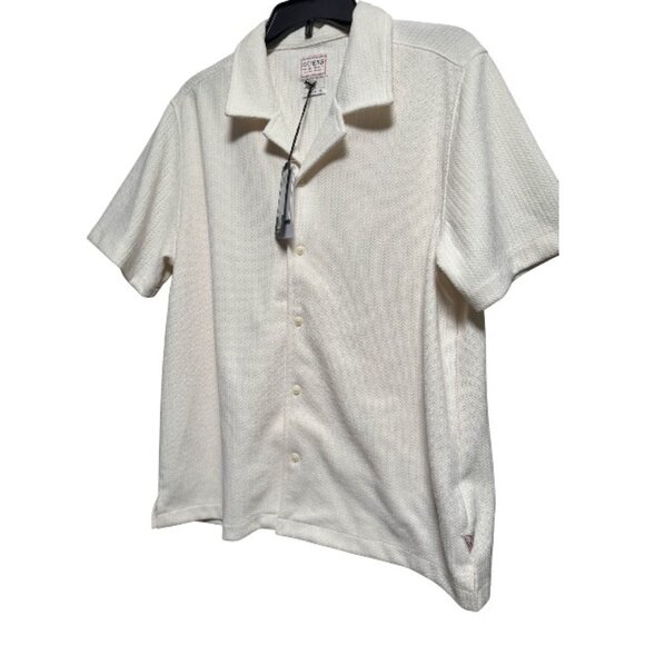 GUESS MEN'S SHORT SLEEVE TEXTURED BUTTON UP SHIRT IVORY CREAM - Picture 4 of 7